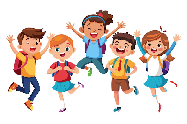 Illustration of diverse children with backpacks celebrating